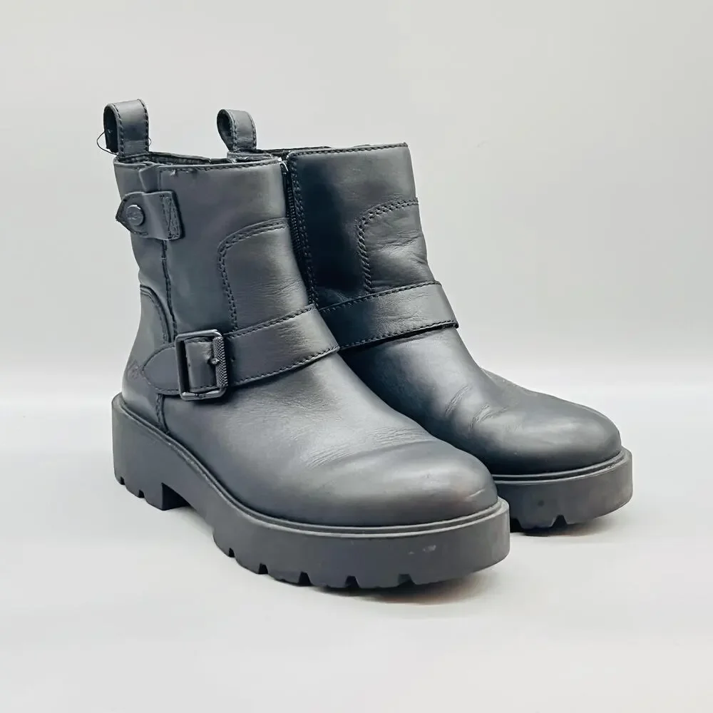 UGG Boots Womens 9 Black Leather Biker Ankle Buckle Zip Lug Sole Booties Shoes